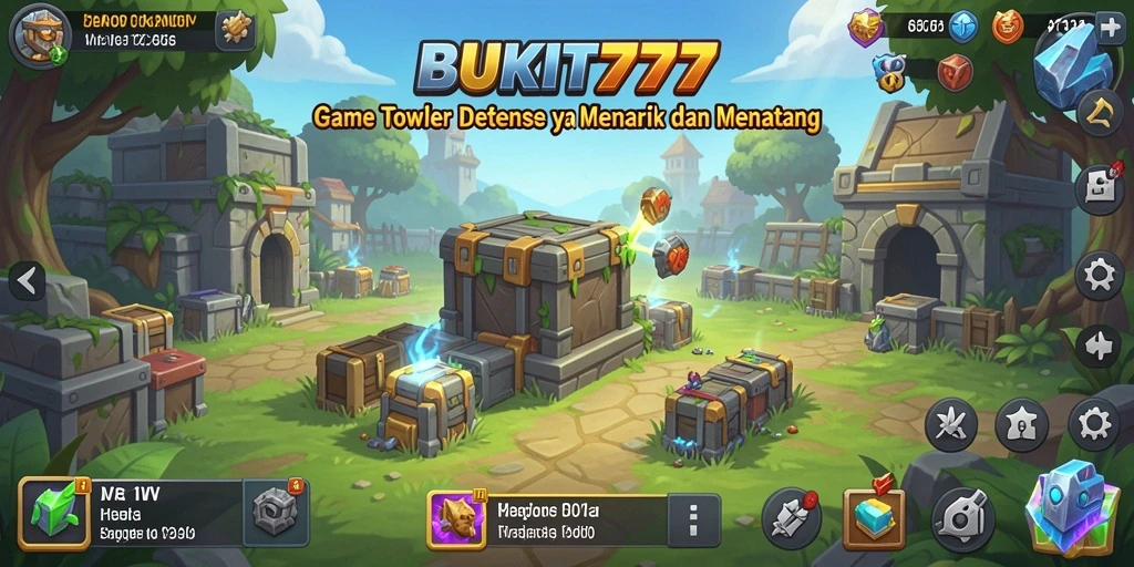 Screenshot gameplay BUKIT777 dengan tampilan menara dan musuh.