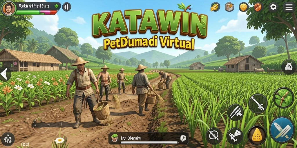 Screenshot utama KATAWIN menunjukkan gameplay seru bertani.